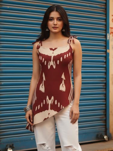 Dora Dori Women Viscose Rayon Ikkat Printed Kurti | Round Neck Sleeveless Asymmetric Hemline Corset Back Tie-Up Detailing | Maroon and Beige Short Kurti for Women | Casual, Office & Daily Ethnic Wear