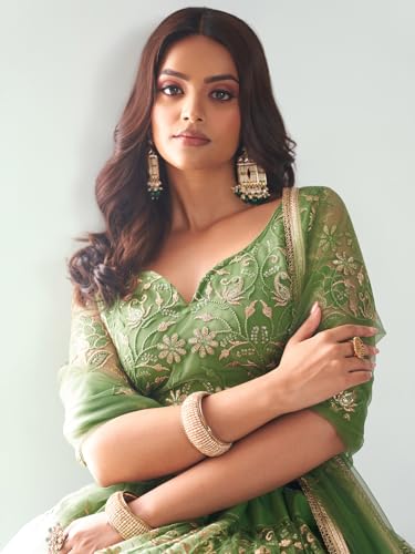 Zeel Clothing Women's Cotton Thread Sequins Work Embroidery Soft Net Readymade Lehenga Choli With Dupatta (Nfh-2205-Pista-Green-Women-Lehenga Choli Set Latest; Free Size)