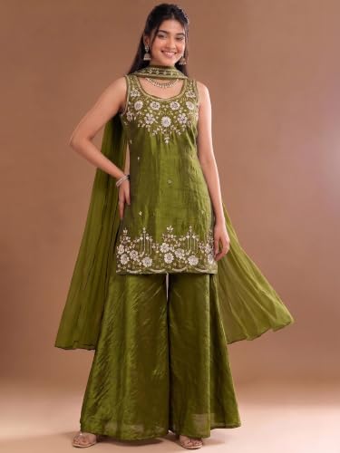 Varanga Women Red A Line Kurta Set Round Neck Sleeveless Chinon Embroidered