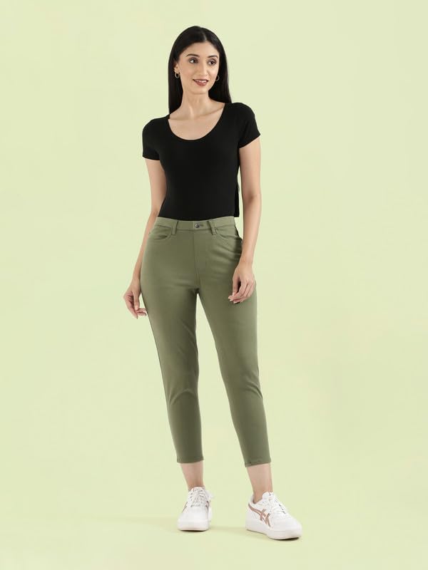 GO COLORS Soft Cotton Stretch Jeggings 7-8th Length for Women| Breathable, Mid Rise, Olive