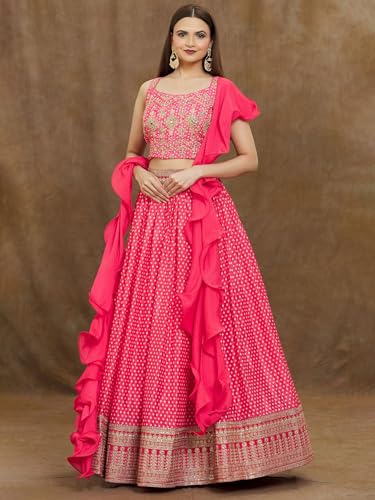 Zeel Clothing Womens Silk Lehenga Choli Semi-Stitched Pink Wedding Bridal Free Size