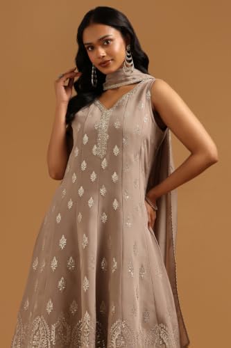Soch Womens Grey Chanderi Botanical Zari Woven Salwar Suit With Zardosi