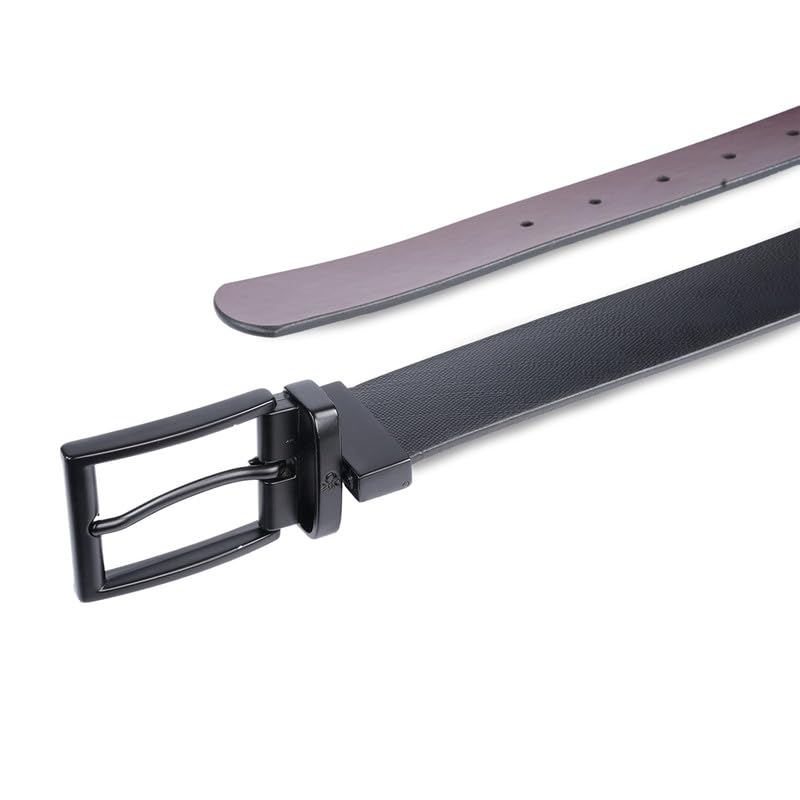 UNITED COLORS OF BENETTON Aarberg Leather Men Reversible Belt - Black+Wine, S 80Cm | Waist Range: 28-32 | Saffiano Textured Reversible Belt With Pin Closure