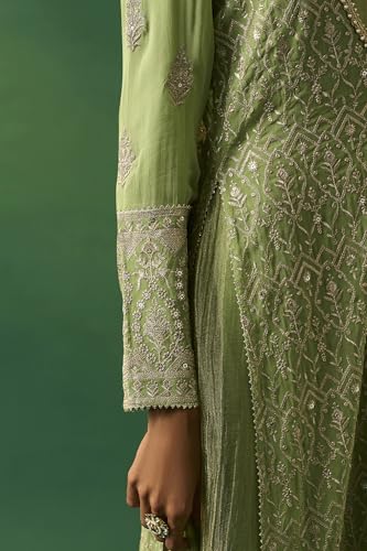 Wishful Women's Green Embroidered Anarkali Dress with Churidar and Dupatta Set - (SP12858-401187-L)