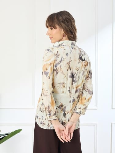 Latin Quarters Women's Ivory 3/4th Sleeves Collar Neck Casual Printed Shirt_S