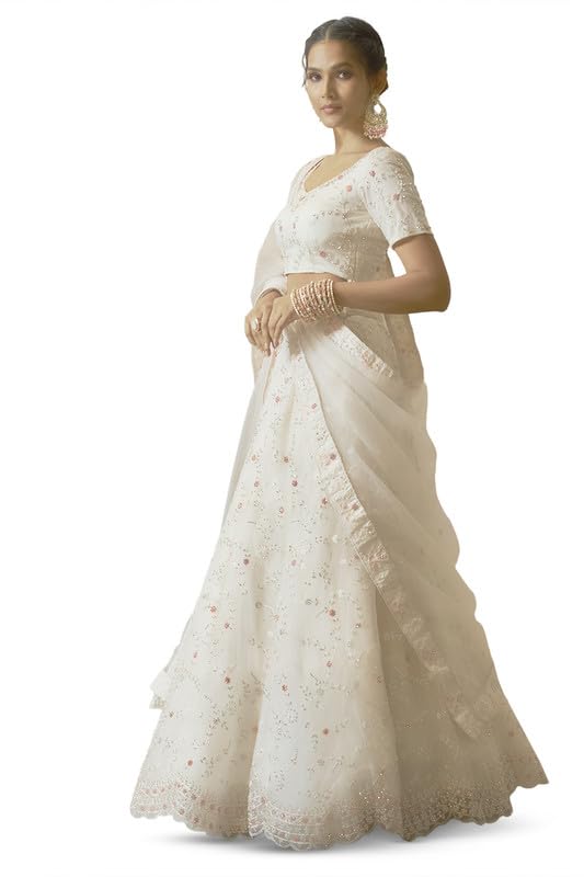 Soch Womens Off White Net Floral Embroidered Stone Embellished Unstitched Lehenga Set