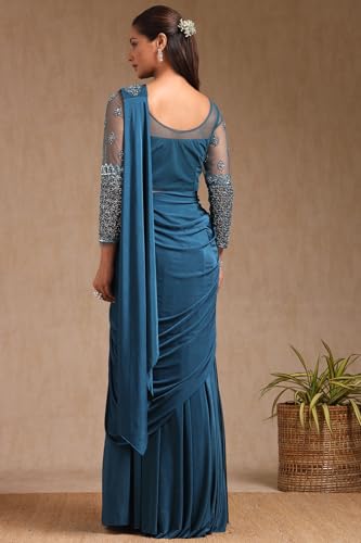 Soch Womens Teal Nylon Blend Solid Ready To Wear Saree With Cutdana