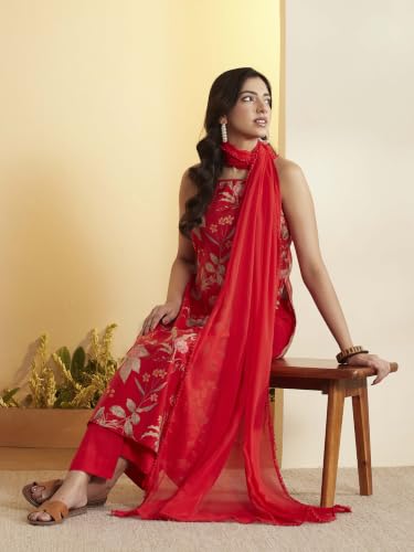 BIBA Viscose Blend Printed Straight Semi-Formal Kurta With Palazzo And Dupatta