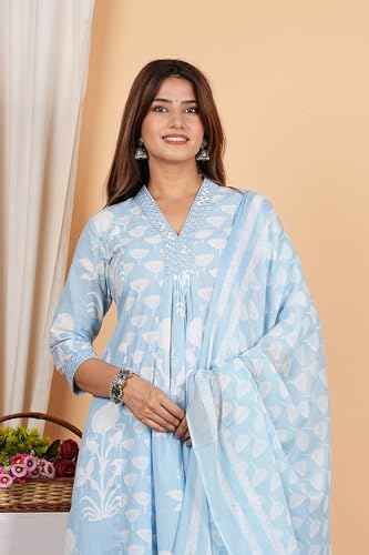 Yash Gallery Women's Cotton Calf Length V-Neck 3/4th Sleeves Botanical Floral Print Regular Fitted Mirror Work Anarkali Kurta With Pant & Dupatta (Blue, 8XL)