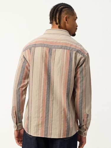 The Souled Store Canyon Men and Boys Long Sleeve Spread Collar Beige Striped Cotton Blend Lightweight Everyday Office Wear Easy to Style Casual Relaxed Shirt