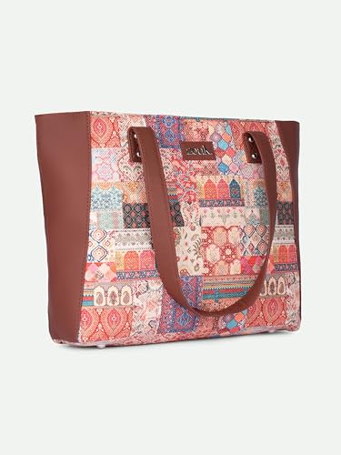 ZOUK Kutch Gamthi Abstract Printed Women Jute Vegan Leather Multicolor Side Tote Bag For Ladies With Double Handle
