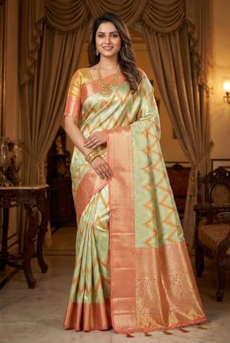 VFCollections Women's Traditional Handloom Kanchipuram Silk Pure Pattu Sarees – Wave Butta Allover | Rich Zari Woven Design | Bridal Saree | Unstitched Blouse