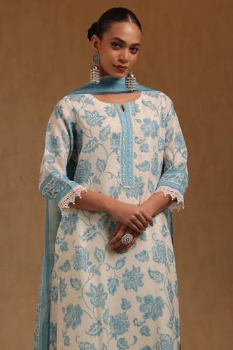 Soch Womens Off White Linen Botanical Printed Salwar Suit With Beads