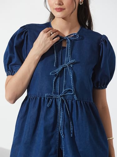 Miss Chase Women’s Round Neck Puff Sleeve Tie-Up Knee-Length Denim Dress (MCAW25DEN04-78-71-05, Navy Blue, L)