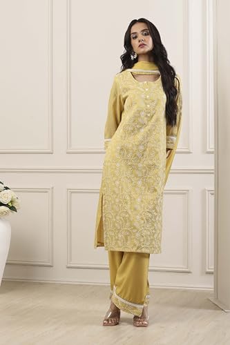 Biba Women Yellow Zari Cotton Tissue Straight Suit Set_32