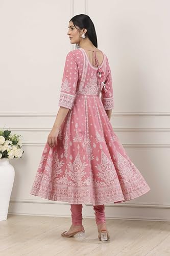 Biba Women Pink Cotton Anarkali Suit Set_36