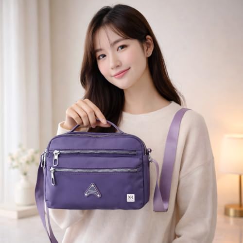 NFI essentials Crossbody Bag for Women, Multi-Layer Stylish Sling Bag for Girls, Nylon Shoulder Bag Purse for Ladies, Multi Pocket Travel Massenger Bag for Woman Latest (Purple)