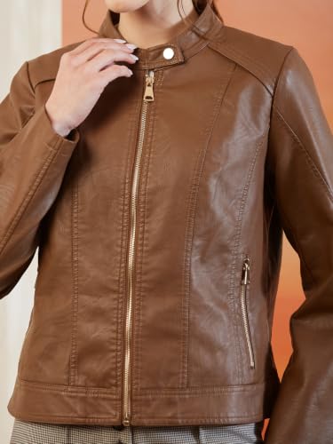 Latin Quarters Women's Brown Solid Full Sleeves Mandarin Neck Casual Biker Jacket_L