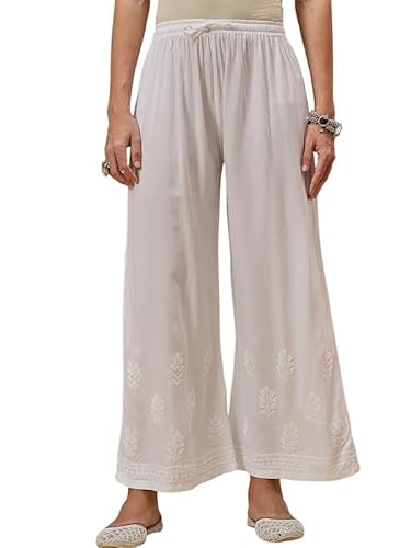 Ada Lucknowi Chikankari Hand Embroidered Rayon Wide Leg Pant Palazzo for Women A711200 White (S)