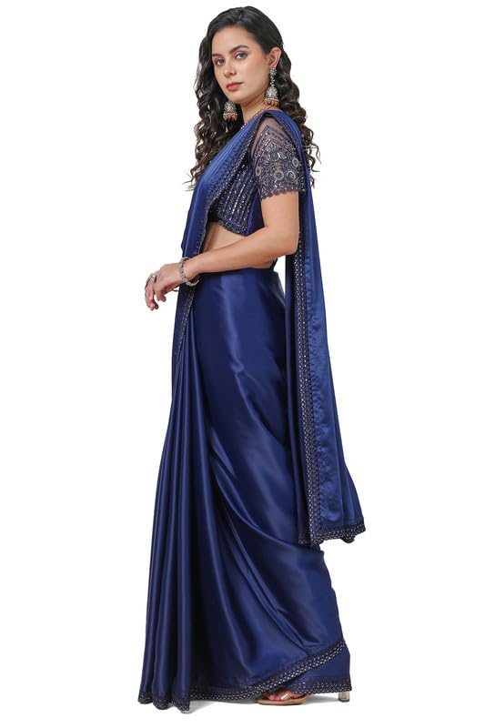 Soch Womens Navy Blue Organza Plain Saree with Lace Border