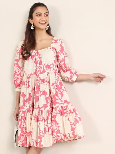 Libas Womens Printed Cotton A-Line Dress for Women Coral