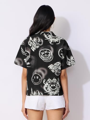 The Souled Store Smiley: Shadow Haze Women and Girls Short Sleeves Collared Neck Button Front Black Printed Viscose Blend Regular Fit Holiday Shirts