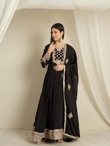 Shampysky Women's Black Chinon Stitched Gown With Dupatta Full Sleeve Embroidered Anarkali Gown (SSY-1230-Black-XXL)