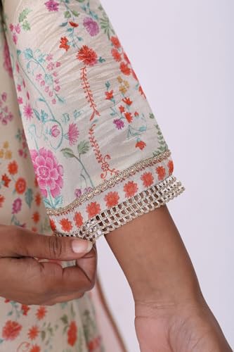 W for Woman Cream Floral Printed Tissue A Line Kurta with Straight Pant and Dupatta Set - (WS13090-126486-XS)