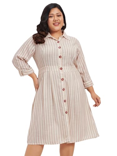 wild U Women Plus Size Shirt Dress | Linen Fabric | Midi | Striped | Long Sleeve | Western Formal (White Beige, Size: 5XL)