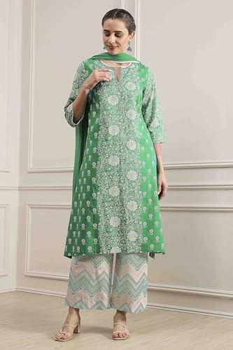 Biba Women's Green Cotton A-Line Printed Suit Set
