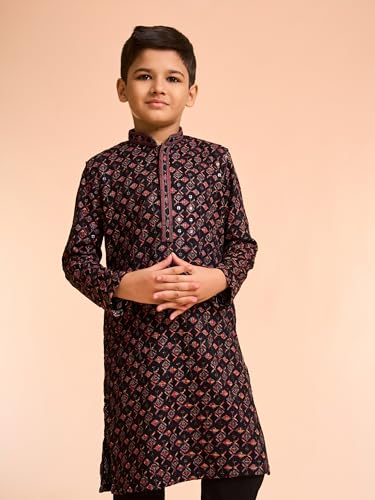 Manyavar Boys Viscose Thread Embroidery & Sequins Festive Kurta Pyjama Set (Black,8-10Y)