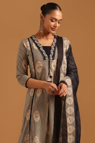 Soch Womens Black Cotton Digital Printed Stripes Machine Weave Block Print Salwar Suit