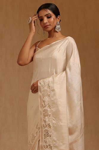 Soch Womens Cream Tussar Floral Printed Saree With Thread Work