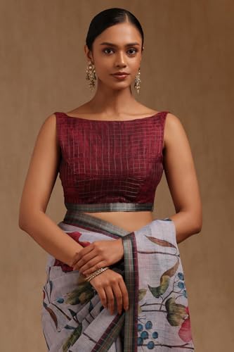 Soch Womens Powder Blue Linen Botanical Print Saree