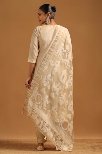 Soch Womens Beige Linen Floral Salwar Suit With Thread Work