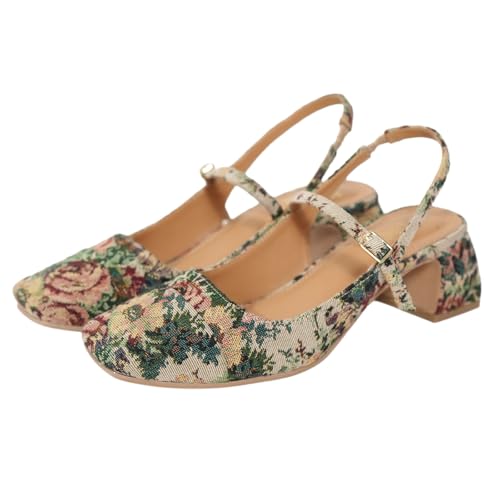 Theater Women Twiggy Multi-Color Floral Mary Jane Heels | Square Toe Slingback Block Heel Sandals with Adjustable Strap | Comfortable & Stylish Shoes for Office, Party & Casual Wear