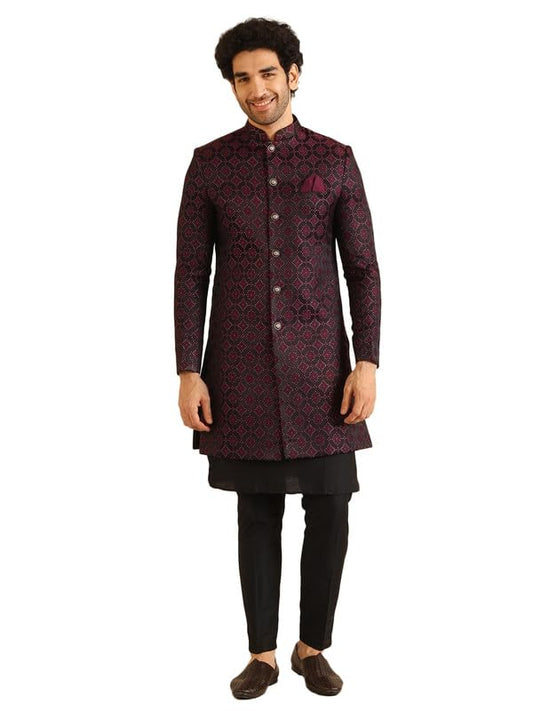 KISAH Sherwani Set for Men – Silk Blend Woven Jacquard Indo Western Sherwani with Kurta and Trouser | Designer Ethnic Outfit for Weddings & Festivals, Burgundy, 42