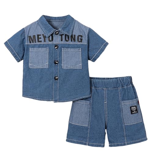 Hopscotch Boys Blue Short Sleeves 2-Pc Bold Text Denim Shorts Set For Ages (2-3 Years)