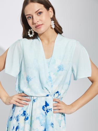 Latin Quarters Women Blue V-Neck Half Sleeves Tie Dye Knee Length A-Line Dress for Casual Wear_M