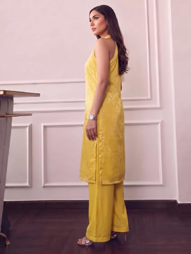 Varanga Women Yellow Kurta Trousers Set V Neck Sleeveless Silk Blend