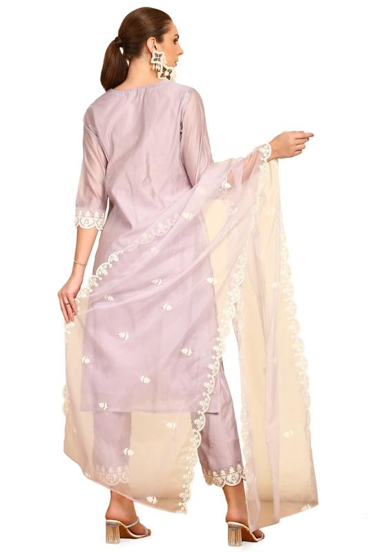 Soch Womens Purple Floral Embroidery Chanderi Suit Set