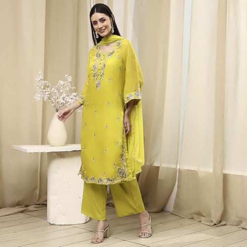 BIBA Women Lime Green Embroidered Straight Suit Set_32