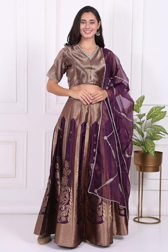W for Woman Purple Embellished Jacquard Straight Crop Top, Skirt and Dupatta Set - (WS13240-314468-XL)