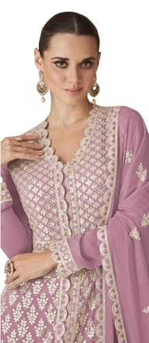 RUDRAPRAYAG Georgette Embroidery Flared Floor Length Anarkali Ethnic Gowns for Women (Semi Stitched) Lavender, Free Size