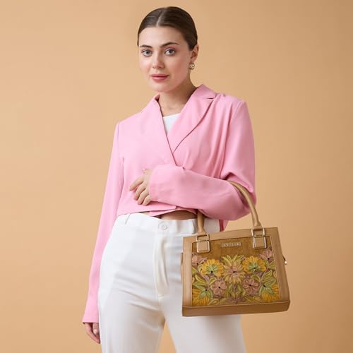 Caprese Siji Tresna Small Tote Bag for Women with Multiple Pockets | Kashida Embroidery Shoulder Bag with Adjustable & Detachable Strap and Zipper Closure | Ideal for Work, Everyday Outings (Brown)