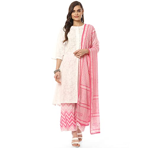 BIBA Women Printed Straight Salwar Kurta Dupatta(Skd8052_Wht/Pnk_42), Cotton, White/Pink