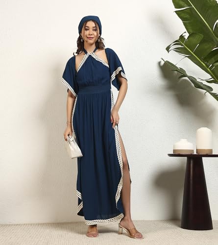 DEEBACO Women's Solid Rayon Slit Ankle Length A-Line Dress|Sleeveless|Halter Neck|Casual Trending Fashion Long One Piece Dresses Women Western(DBDR00002287_M_Teal Blue)