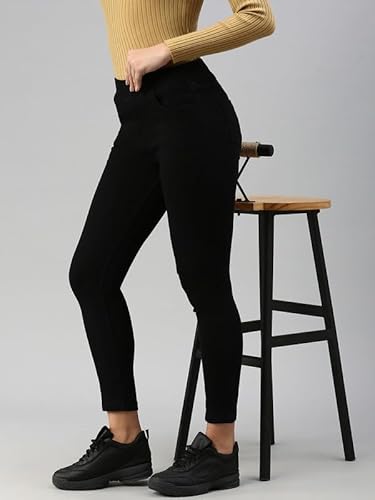 De Moza Women Jegging Woven Bottom Solid Cotton Black