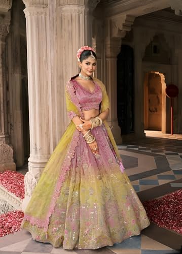 Designer Bridal Lehenga Choli Set, Pink and Yellow Ombre with Embroidery