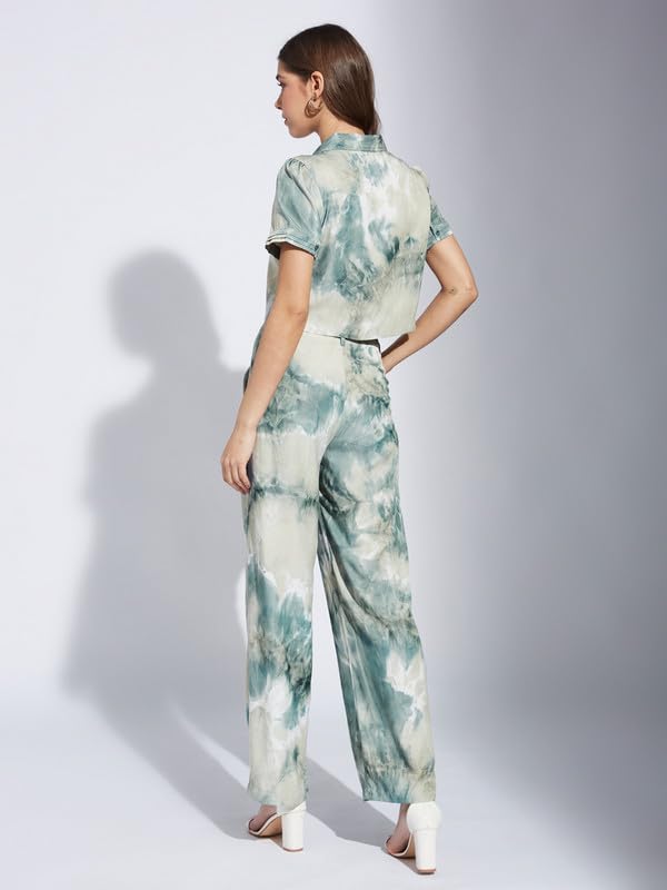 Latin Quarters Women Green Collar Neck Half Sleeve Printed Casual Shirt Blouse_M